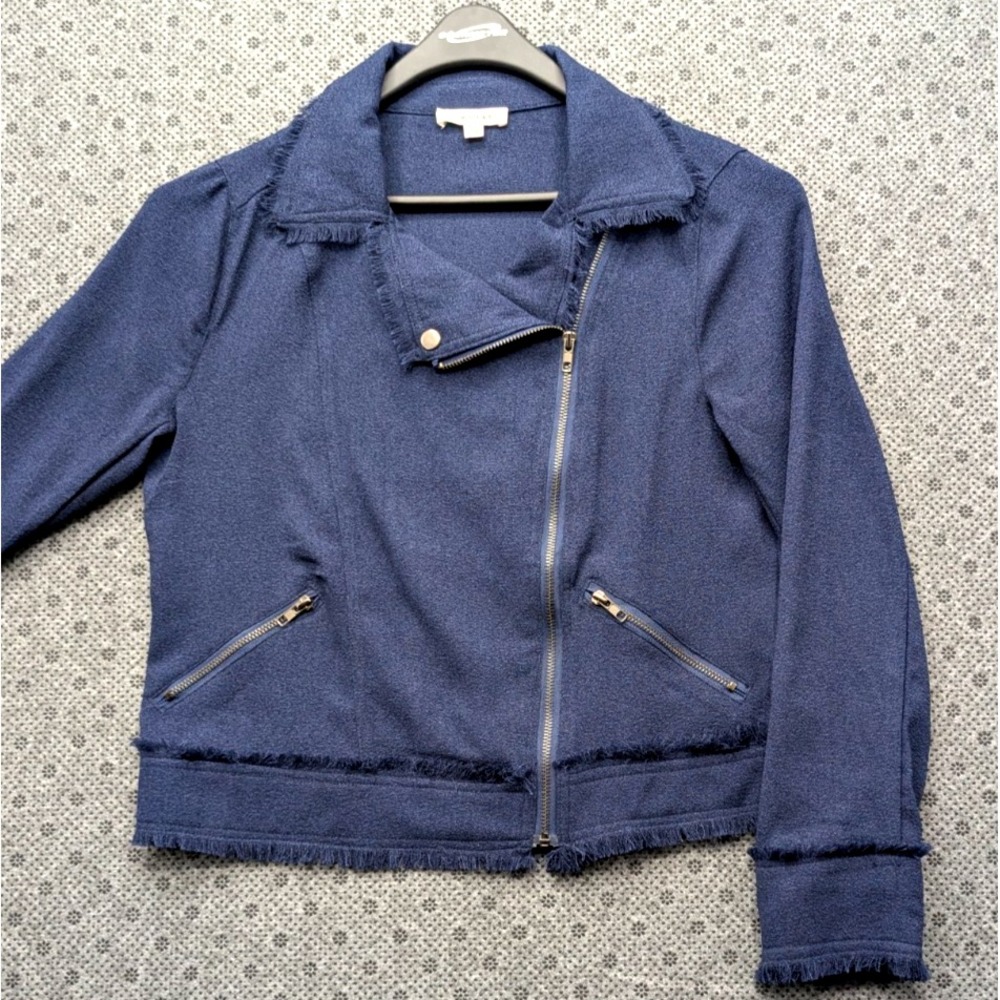 Downeast Womens Moto Jacket Size L Navy Blue Asymmetric Zip Frayed Fringe Hem